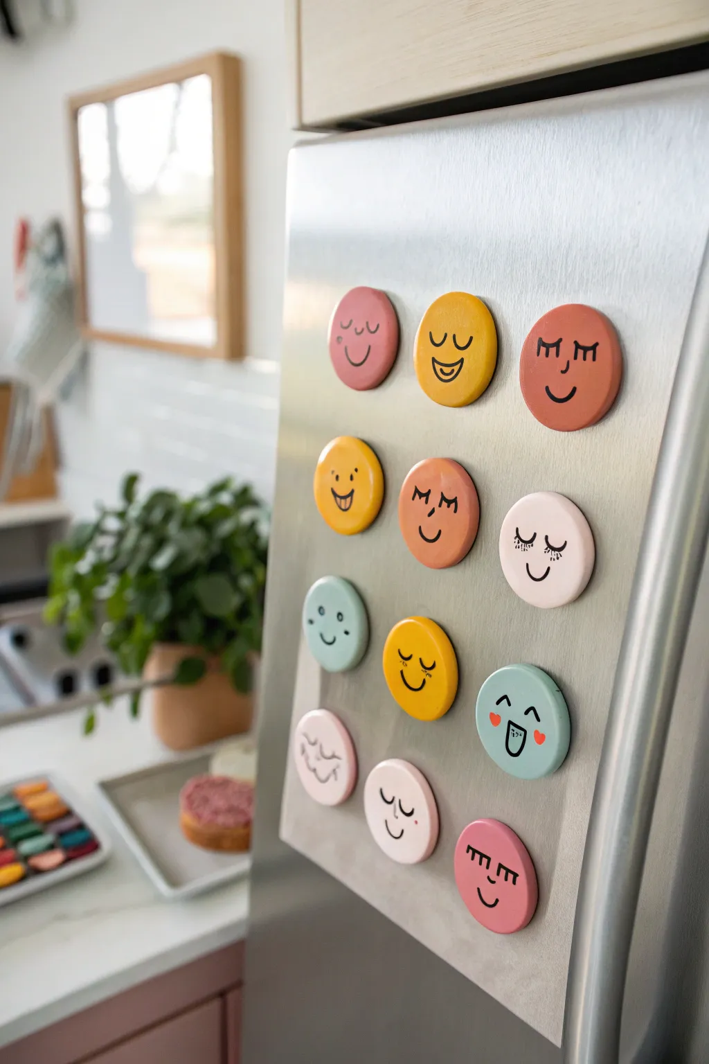 Cute clay face magnets in a cheerful mini grid, bold expressions on a clean metal board.