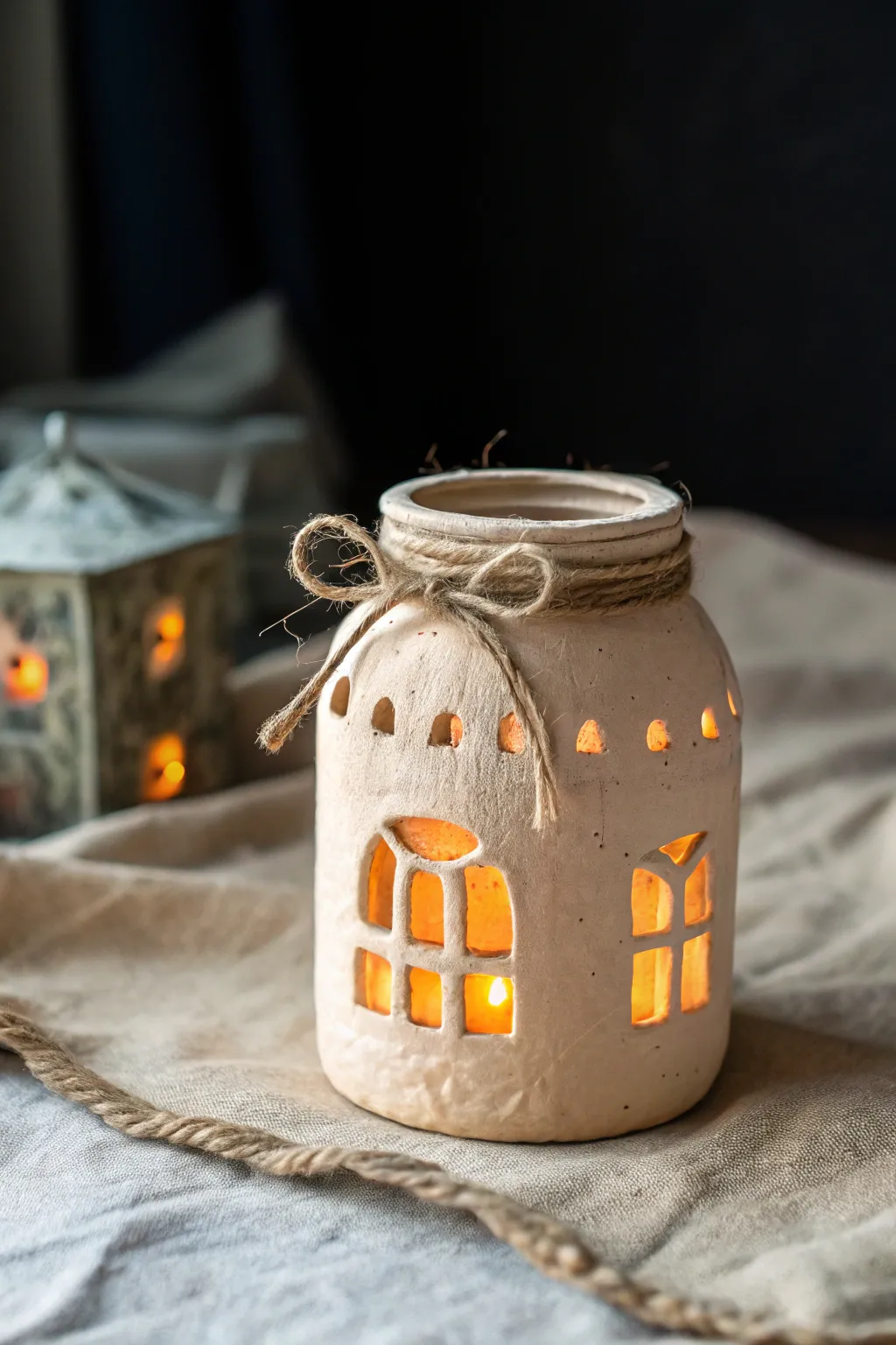 Clay jar lantern with mini windows, softly glowing like a tiny house on a calm night