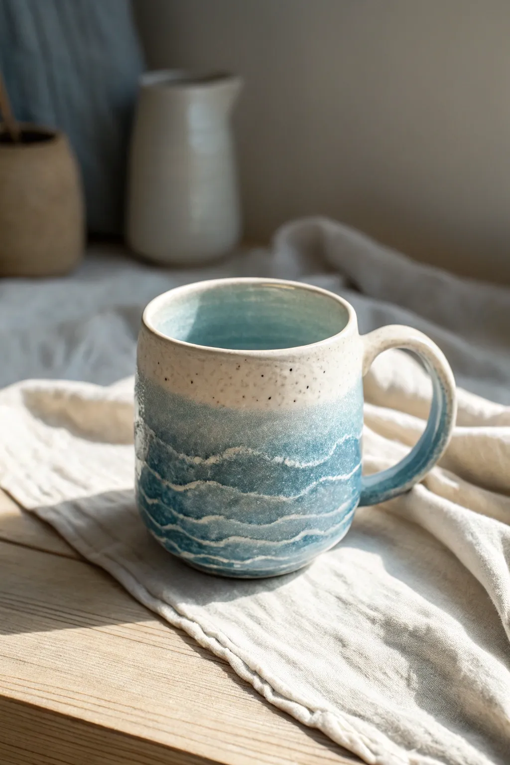 Ocean-inspired wavy rim mug with a soft blue-to-white glaze and simple handcrafted texture.
