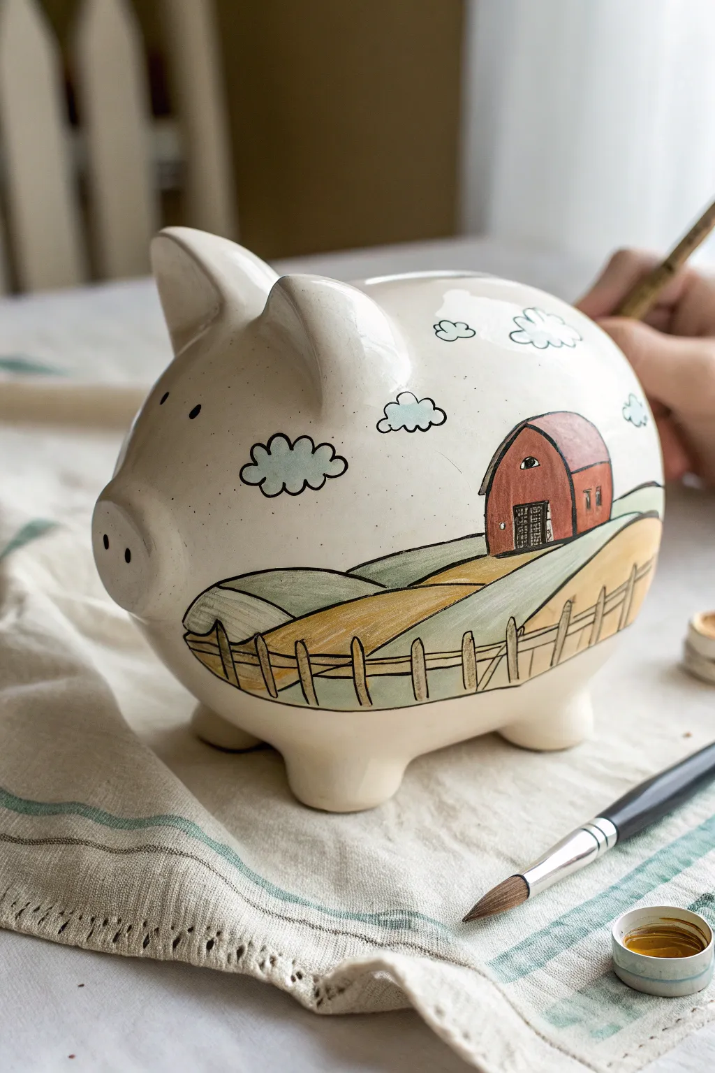 Minimalist farm-scene piggy bank with hand-painted landscape, cozy boho meets Scandi calm