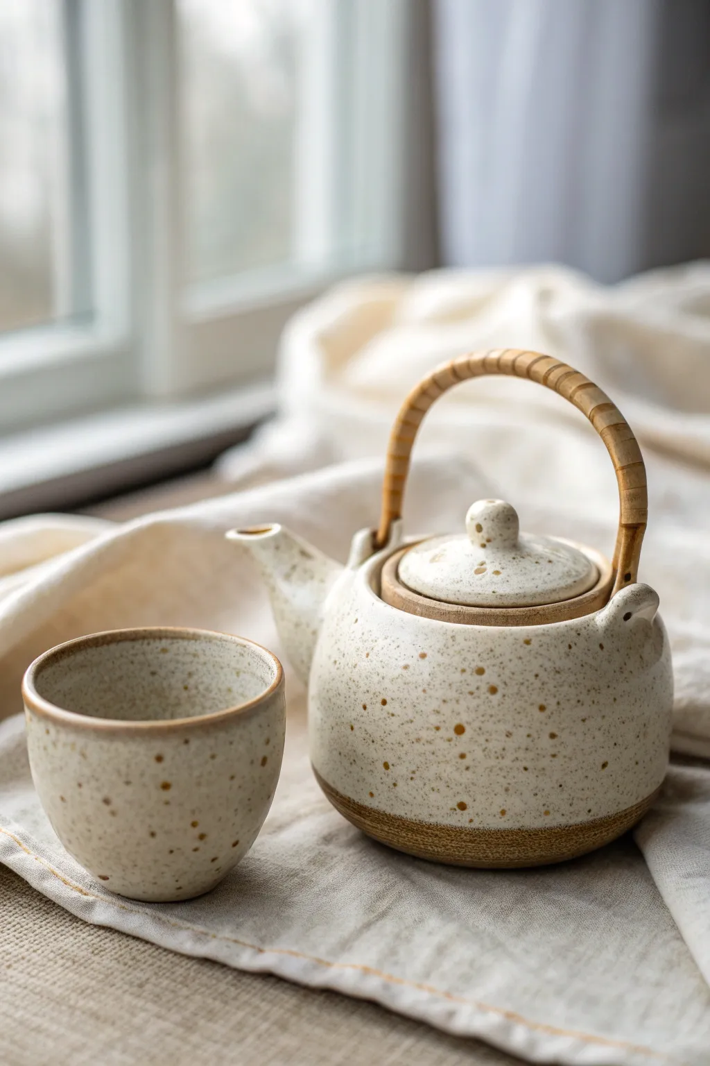 Mini single-serve teapot with matching cup, simple handmade charm for cozy tea moments.