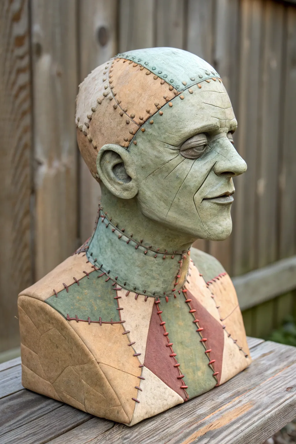 Cute-creepy patchwork monster bust in earthy clay tones, minimalist boho styling, high contrast.