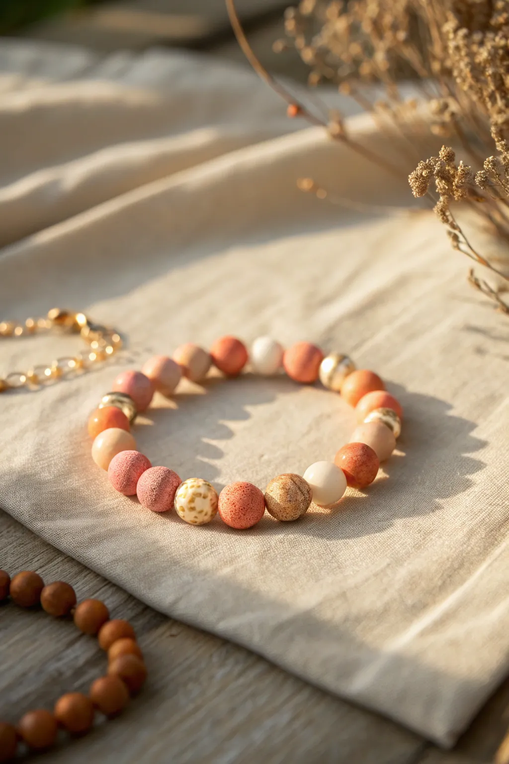 Sunset sherbet clay bead bracelet in warm golden-hour light, minimal and beautifully handmade.