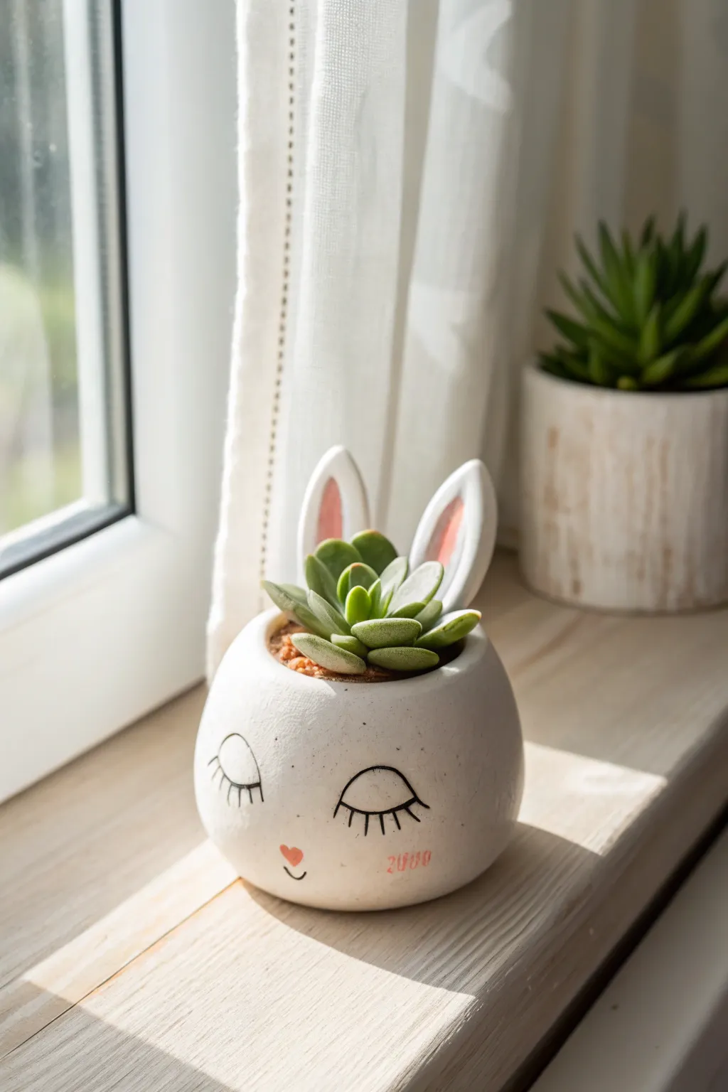 Sleepy animal mini planter with a tiny succulent, sunlit and minimalist for cozy clay inspo
