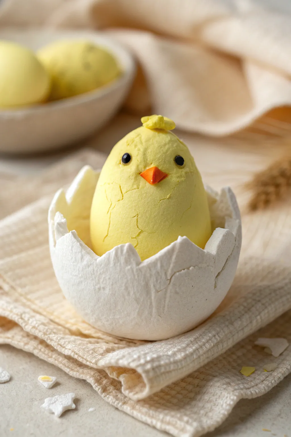 Sweet air dry clay chick in a cracked eggshell base, bright spring vibes in minimalist style