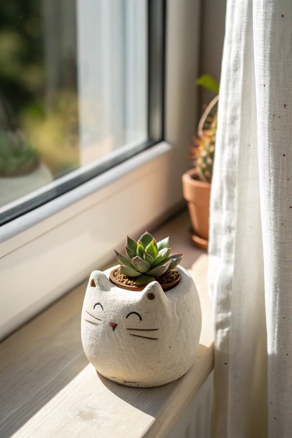 Chubby clay kitty succulent planter on a bright windowsill, minimalist boho decor-only charm