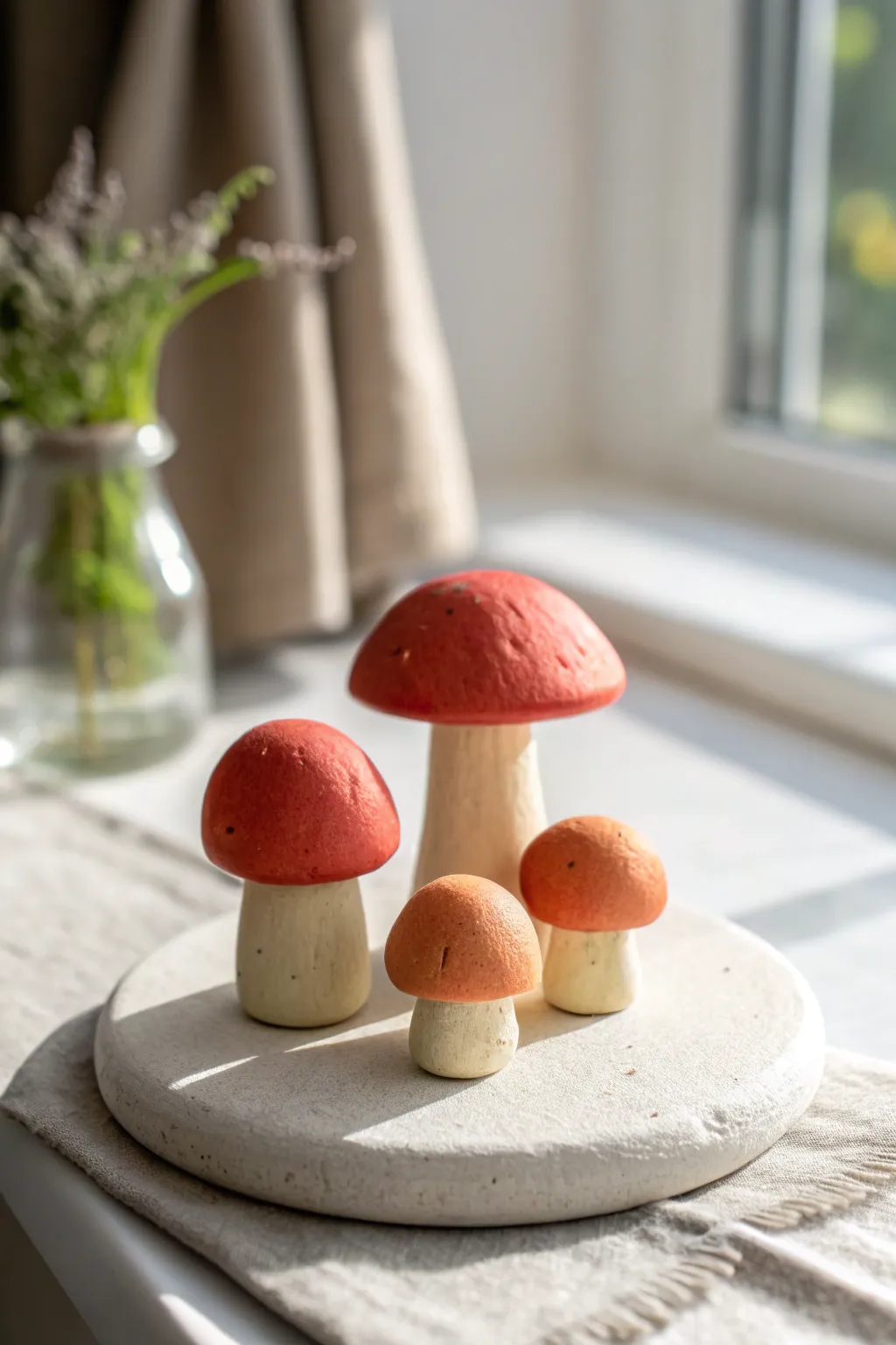 Three tiny air dry clay mushrooms in soft red and cream, a sweet minimalist desk charm.