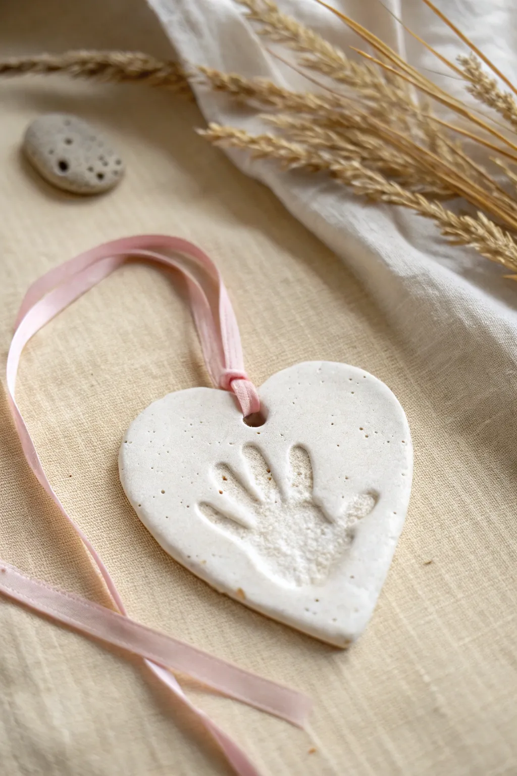 Sweet heart handprint air-dry clay ornament with blush ribbon, a simple keepsake for kids.