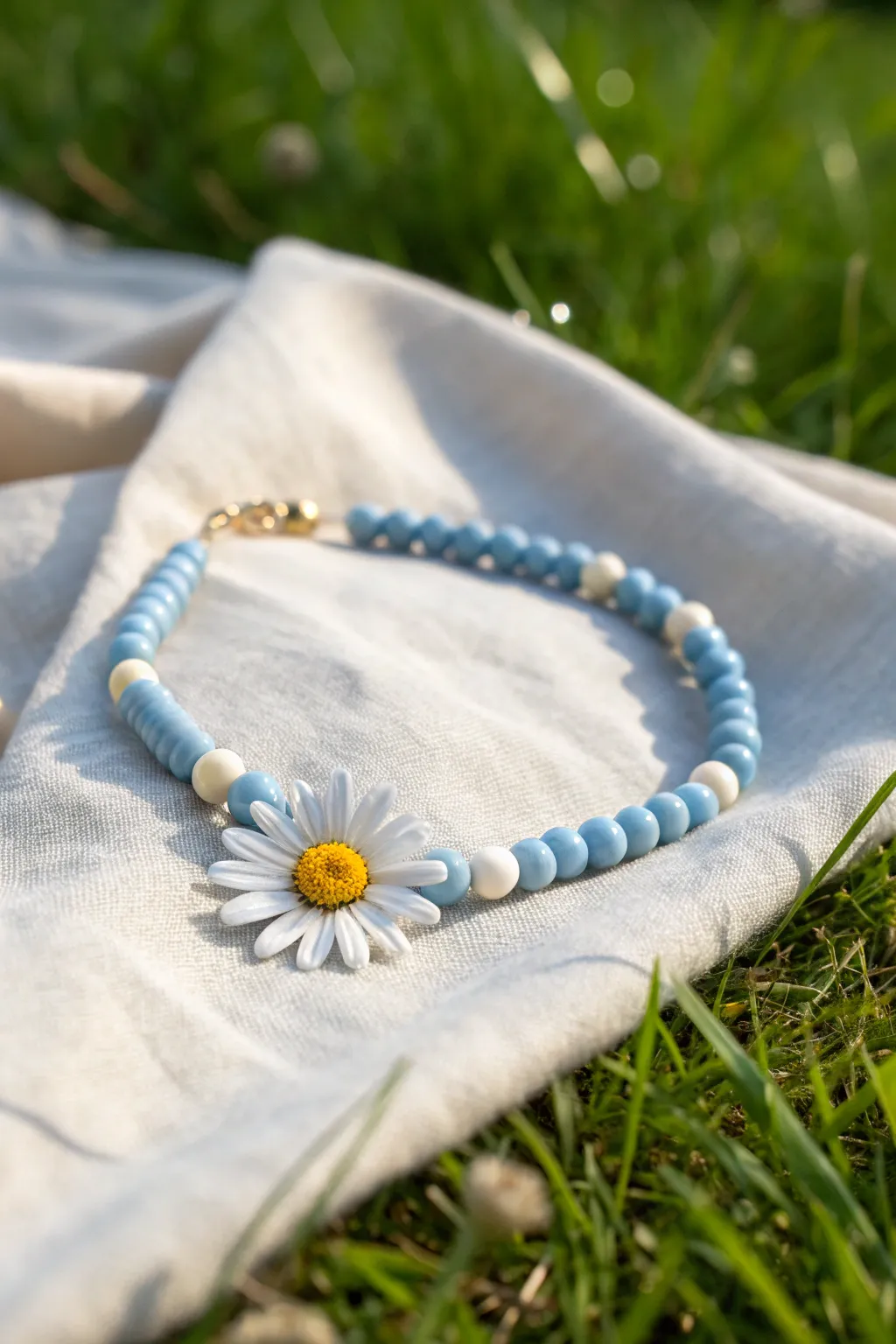A simple daisy focal with matte blue clay beads, styled outdoors for soft, minimal charm.