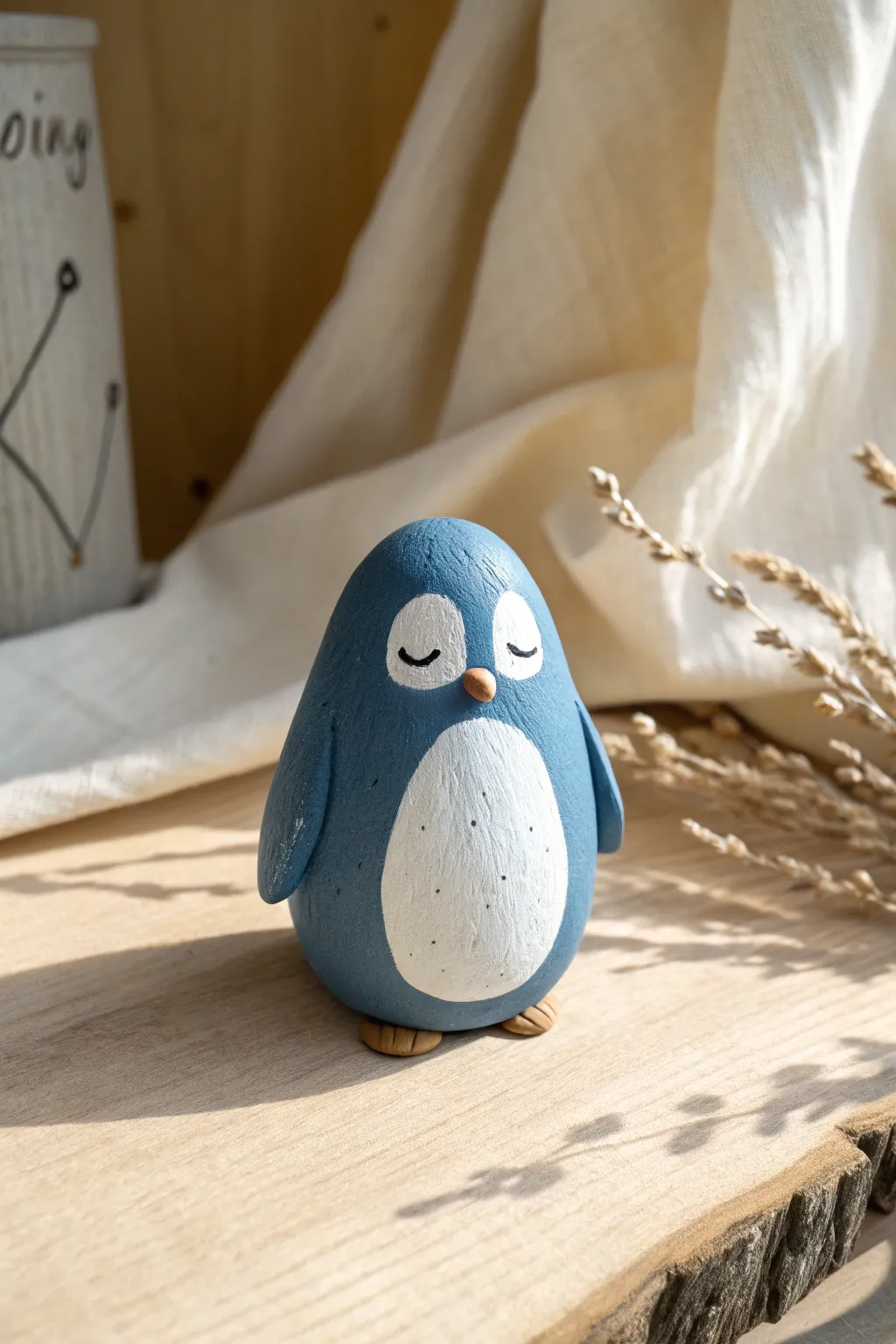 Sleepy blue clay penguin with a white belly, calm and cozy in soft Scandinavian light.