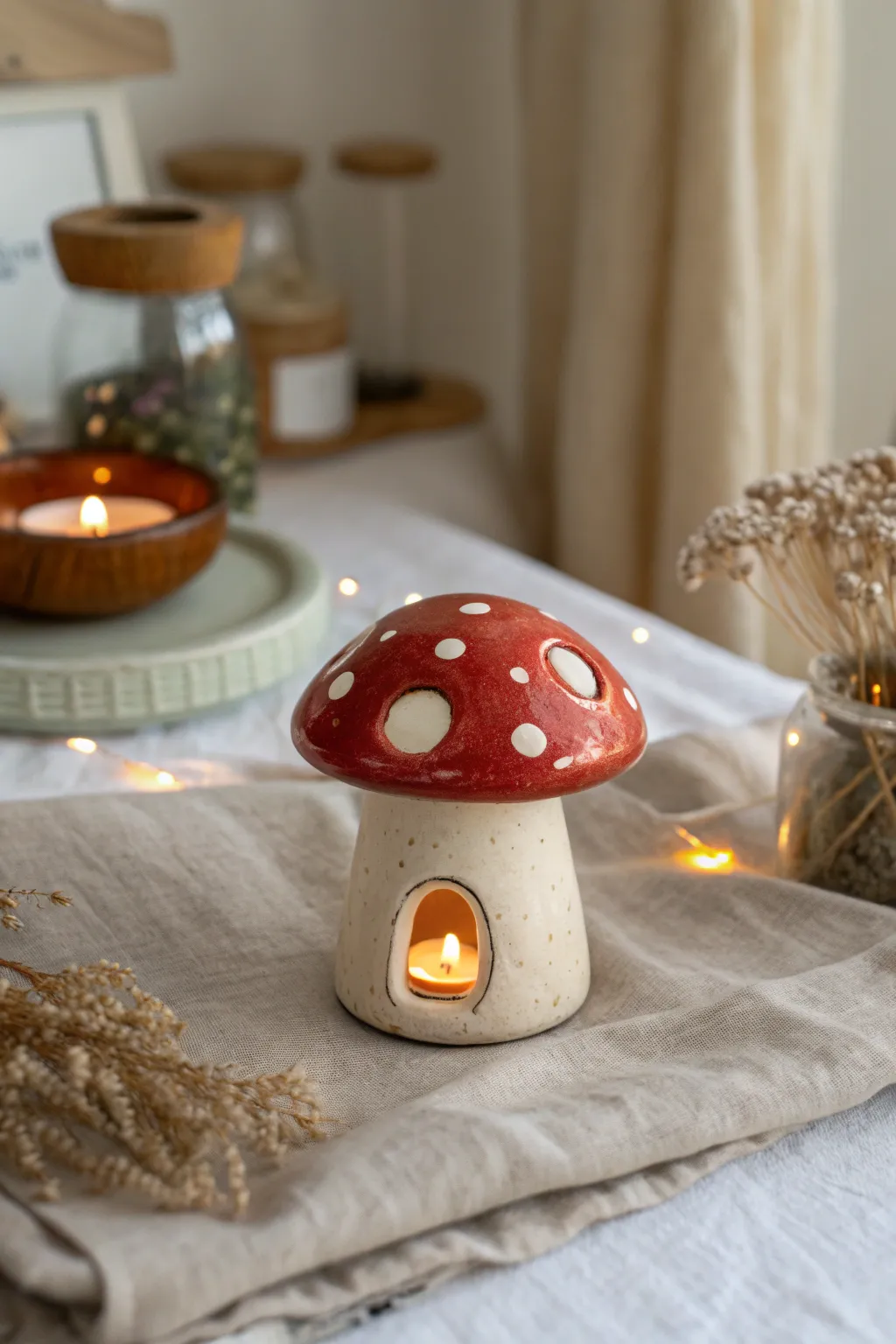 Cozy red mushroom ceramic tea light holder with a soft LED glow for cute handmade decor