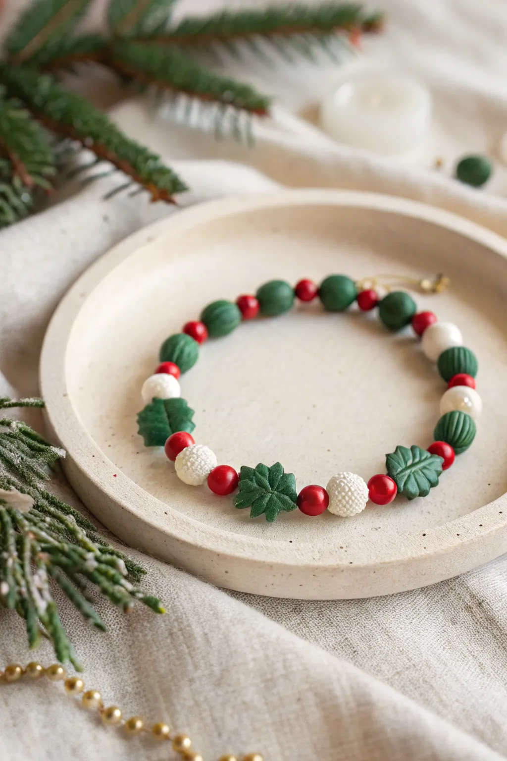 Holly berry bracelet in leafy green, bright red clusters, and crisp white beads for a festive pop.