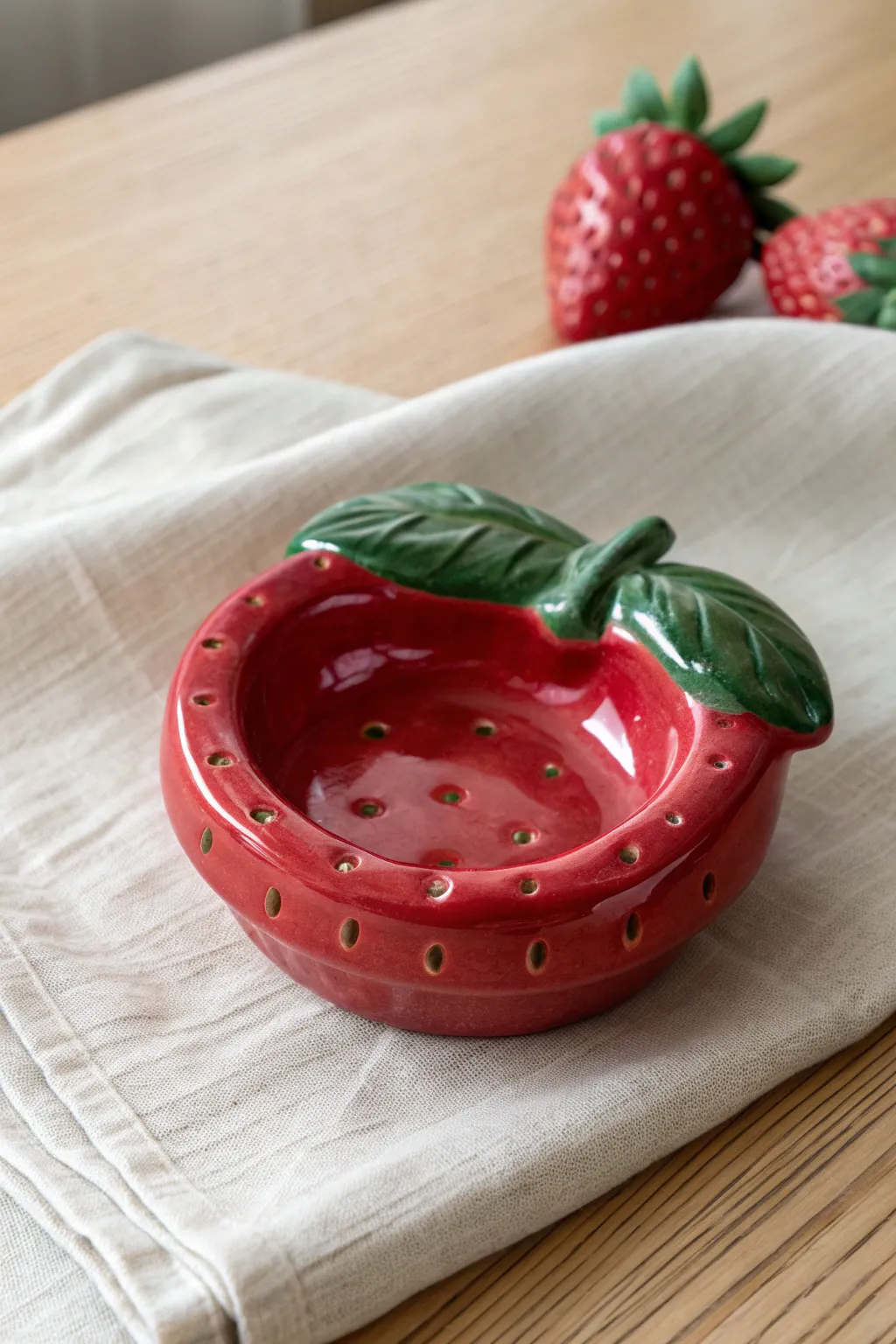Strawberry clay ashtray with leafy rim rests—minimal, playful, and beautifully handmade