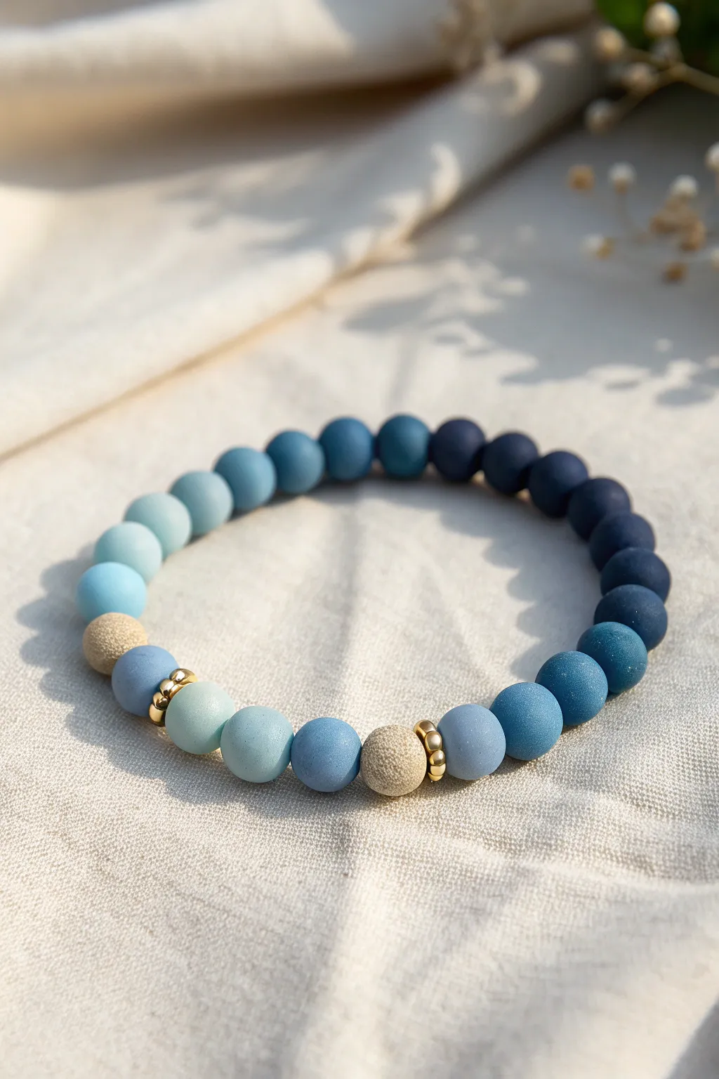 Monochrome ombre clay bead bracelet fading from deep navy to airy sky on a warm neutral backdrop