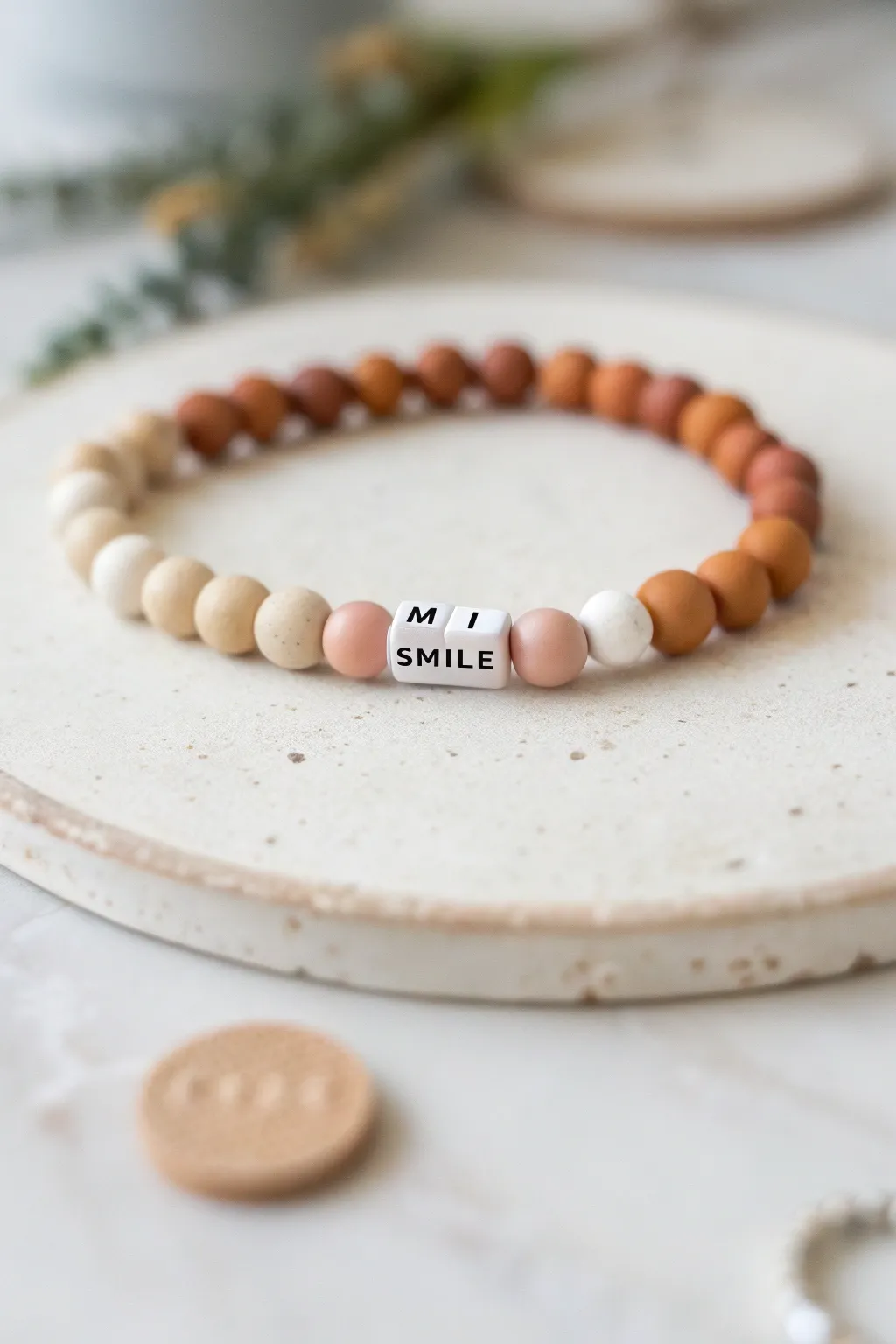 Tiny SMILE clay bead bracelet in neutral tones, styled with a soft matching stack beside it.