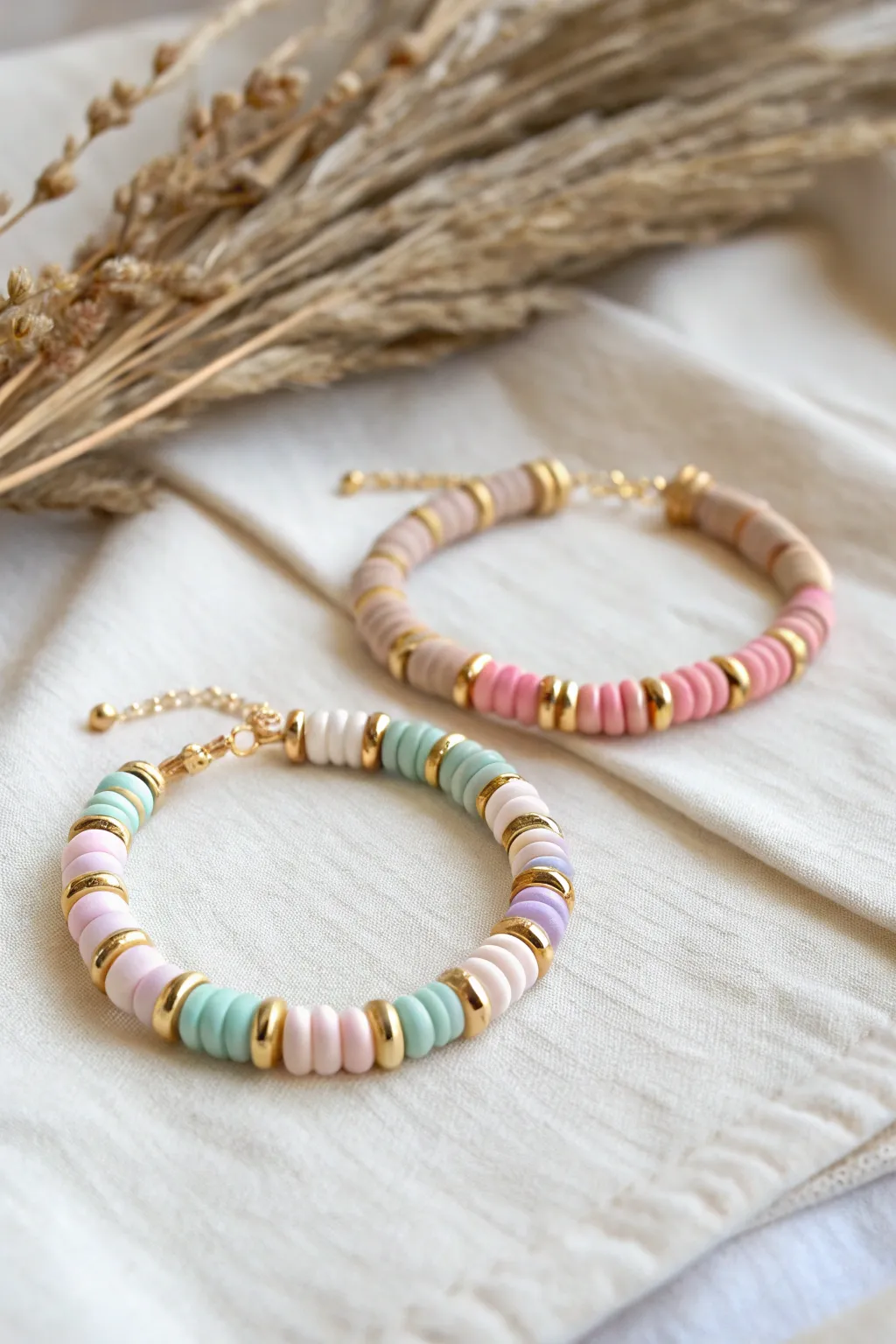Sweet pastel clay disc bracelet with gold-tone spacers for an easy, modern stacked look