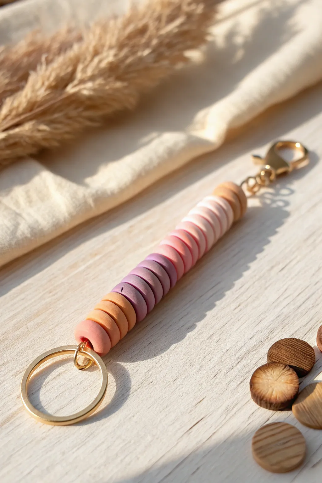 Ombre sunset heishi bead keychain in peach, pink, and lilac for a soft minimalist boho look
