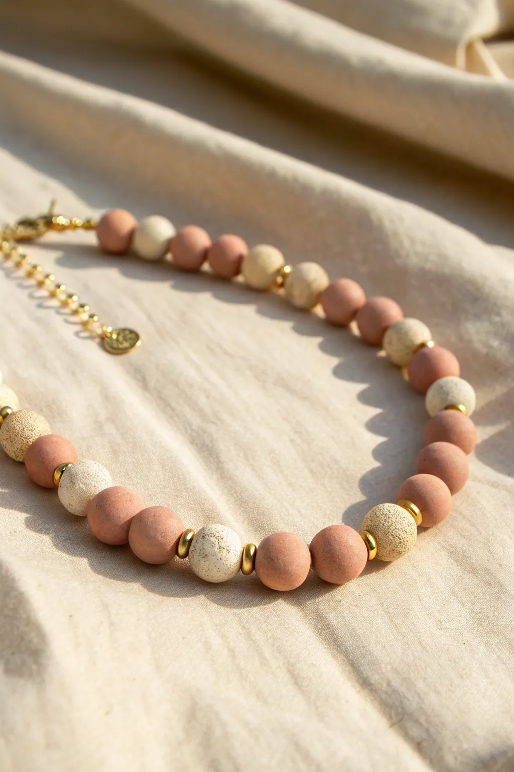 Clay bead choker with delicate gold spacers for a minimalist look and extra shine.