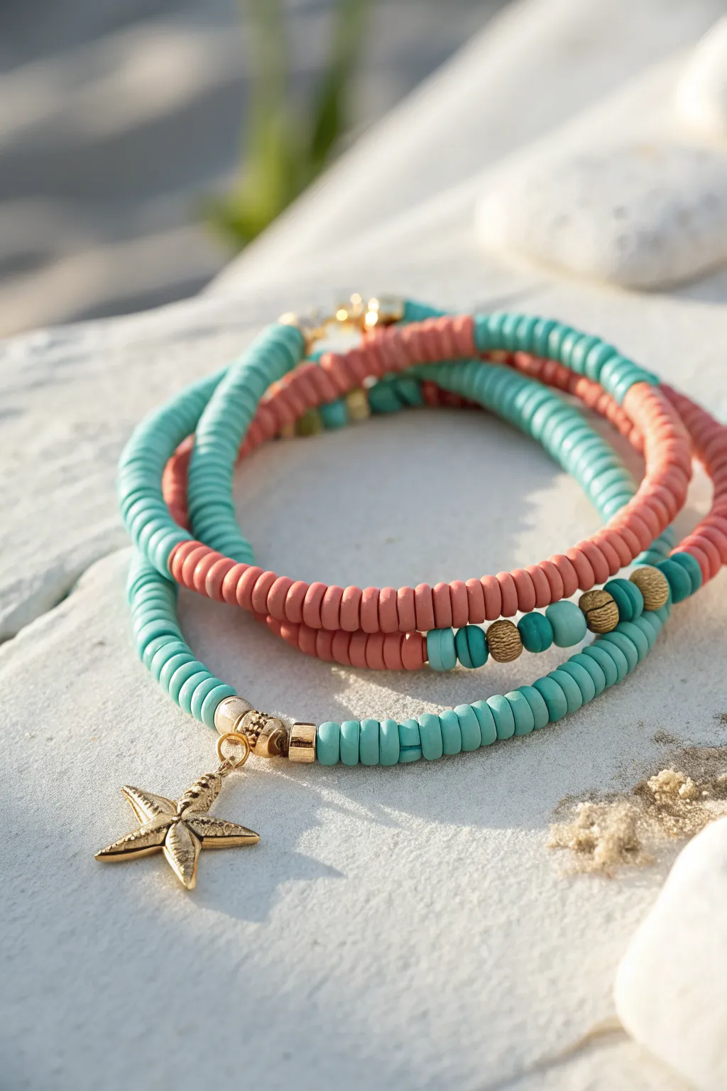 Turquoise and coral heishi bracelet with a tiny starfish charm, perfect for sunny days.