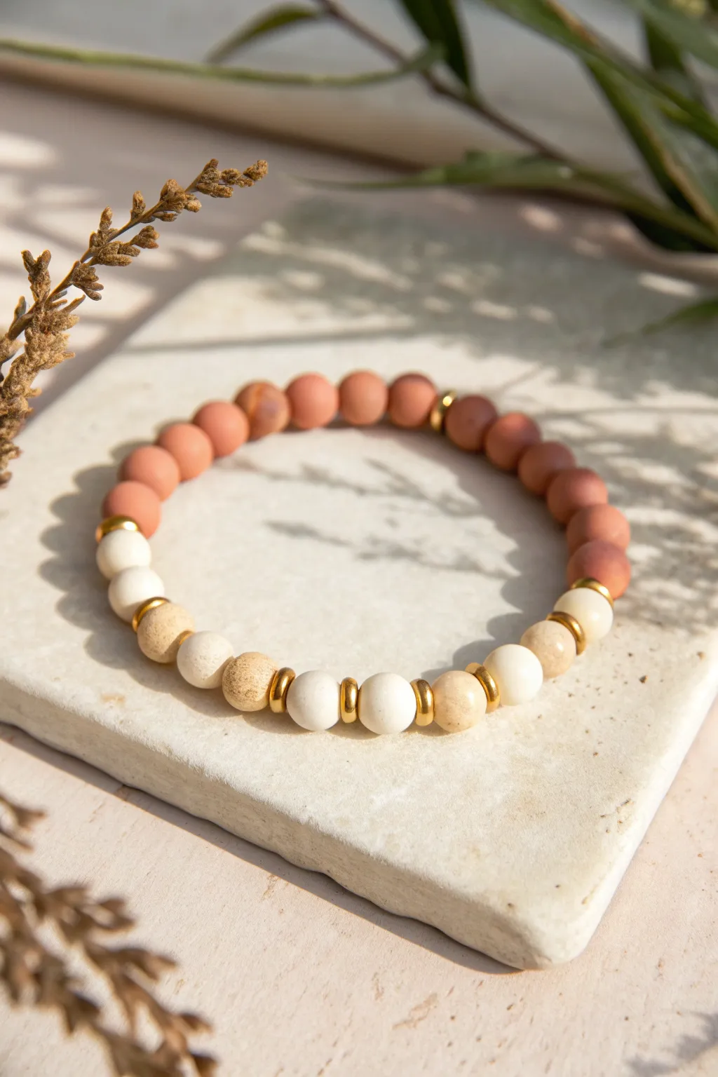 Creamy clay beads with gold spacers for a simple, chic bracelet in calm Scandinavian style