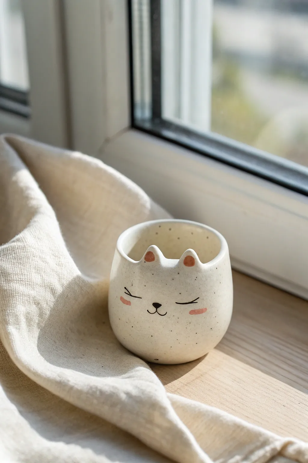 Minimalist peekaboo clay cat cup, sweet paws over the rim in soft Scandinavian tones