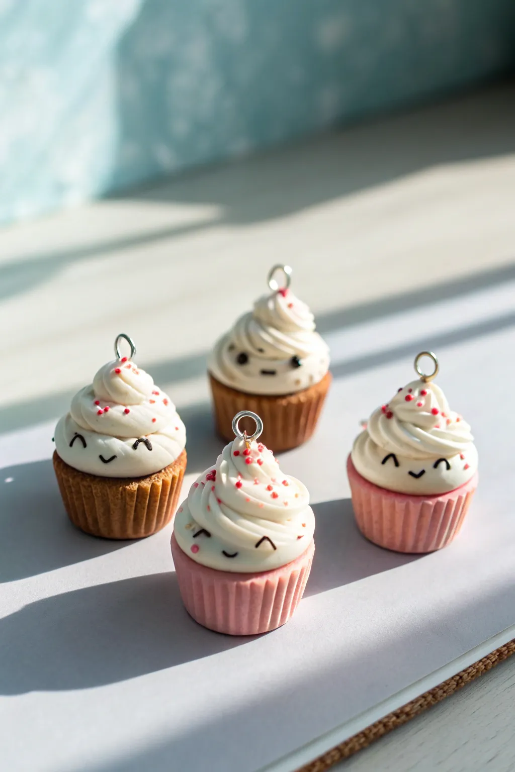 Mini cupcake clay charms with sprinkles and sweet faces, styled in soft minimalist pastel tones.