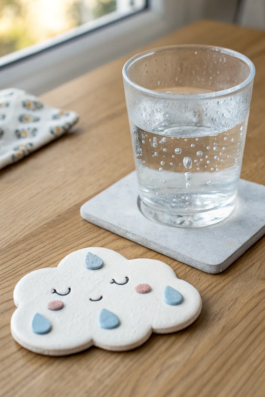 Sweet cloud-shaped clay coaster with tiny raindrops, styled minimally with a simple glass.
