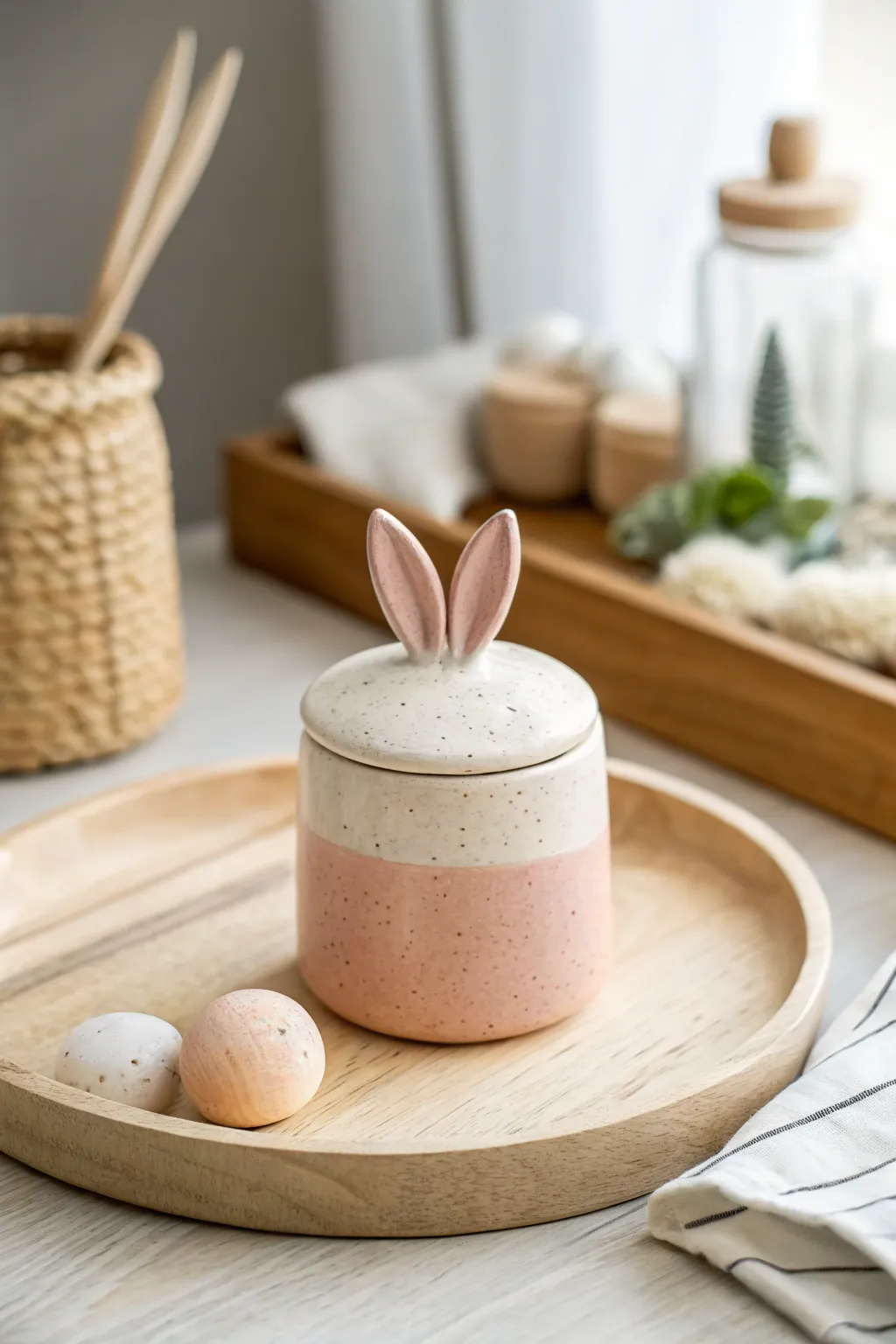 Sweet bunny ears mini jar in soft pastels, a cozy minimalist accent for tiny treasures.
