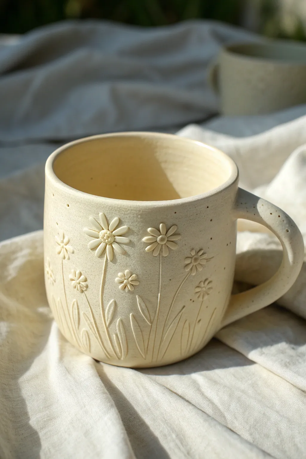 Soft matte clay cup with daisy relief, sunlit on cream linen, minimalist boho charm.