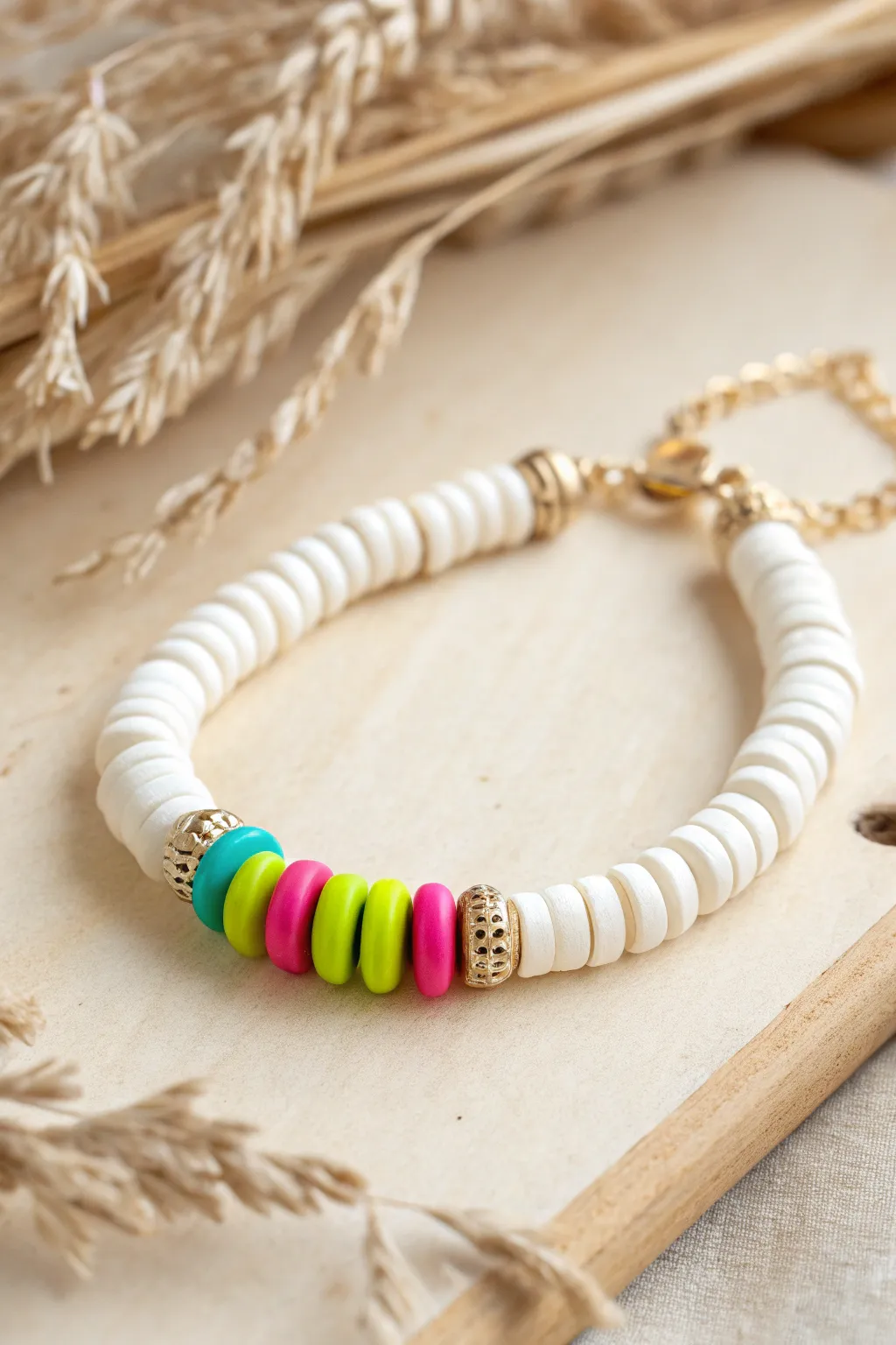 Mostly white clay bead bracelet with bright teal, neon pink, and lime burst accents