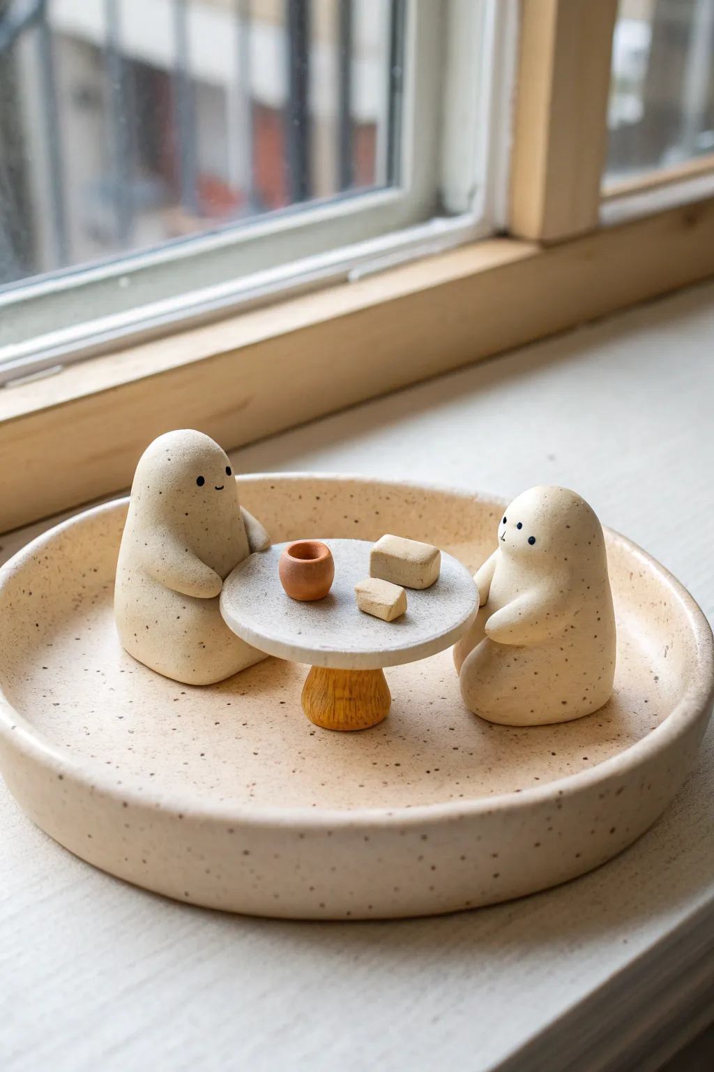 Mini clay date night diorama on a shallow tray, sweet and simple keepsake for cozy evenings.