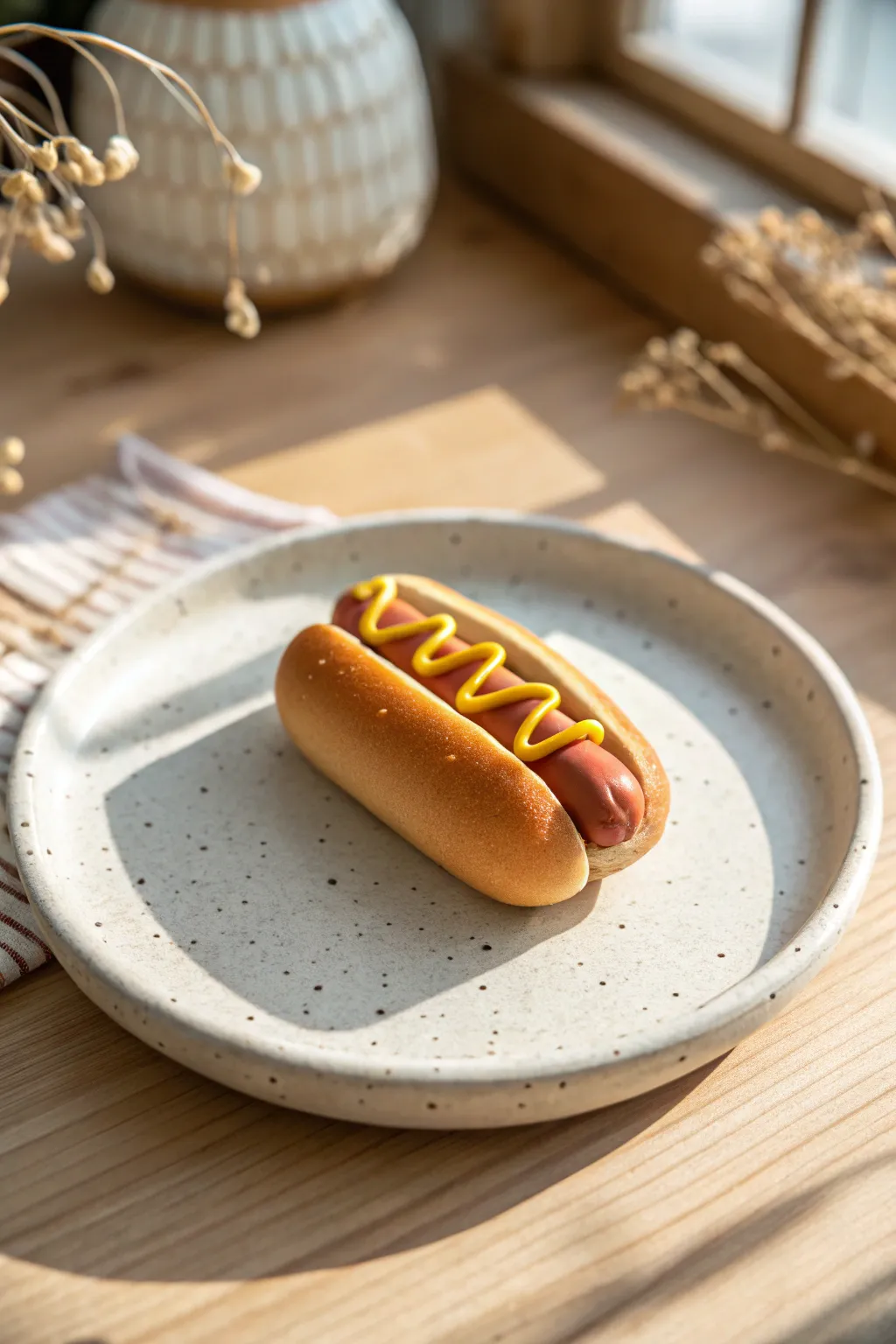 Sweet mini clay hot dog with a neat mustard squiggle, styled simply for cozy minimalist vibes