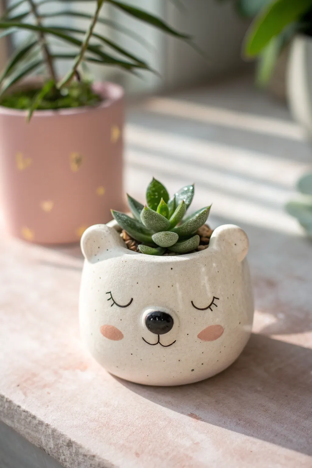 A tiny bear-faced clay planter with a succulent—minimal, sweet, and gift-ready.
