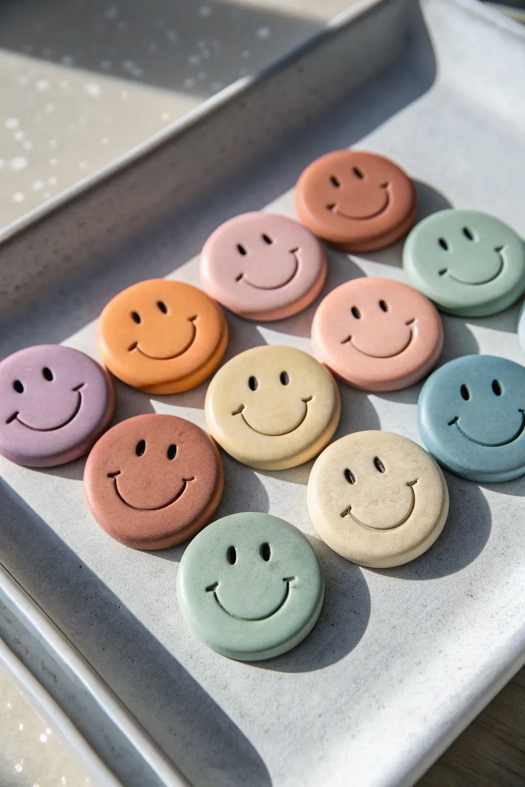 Muted rainbow smiley clay magnets in a tidy grid, instant cute decor for any fridge.