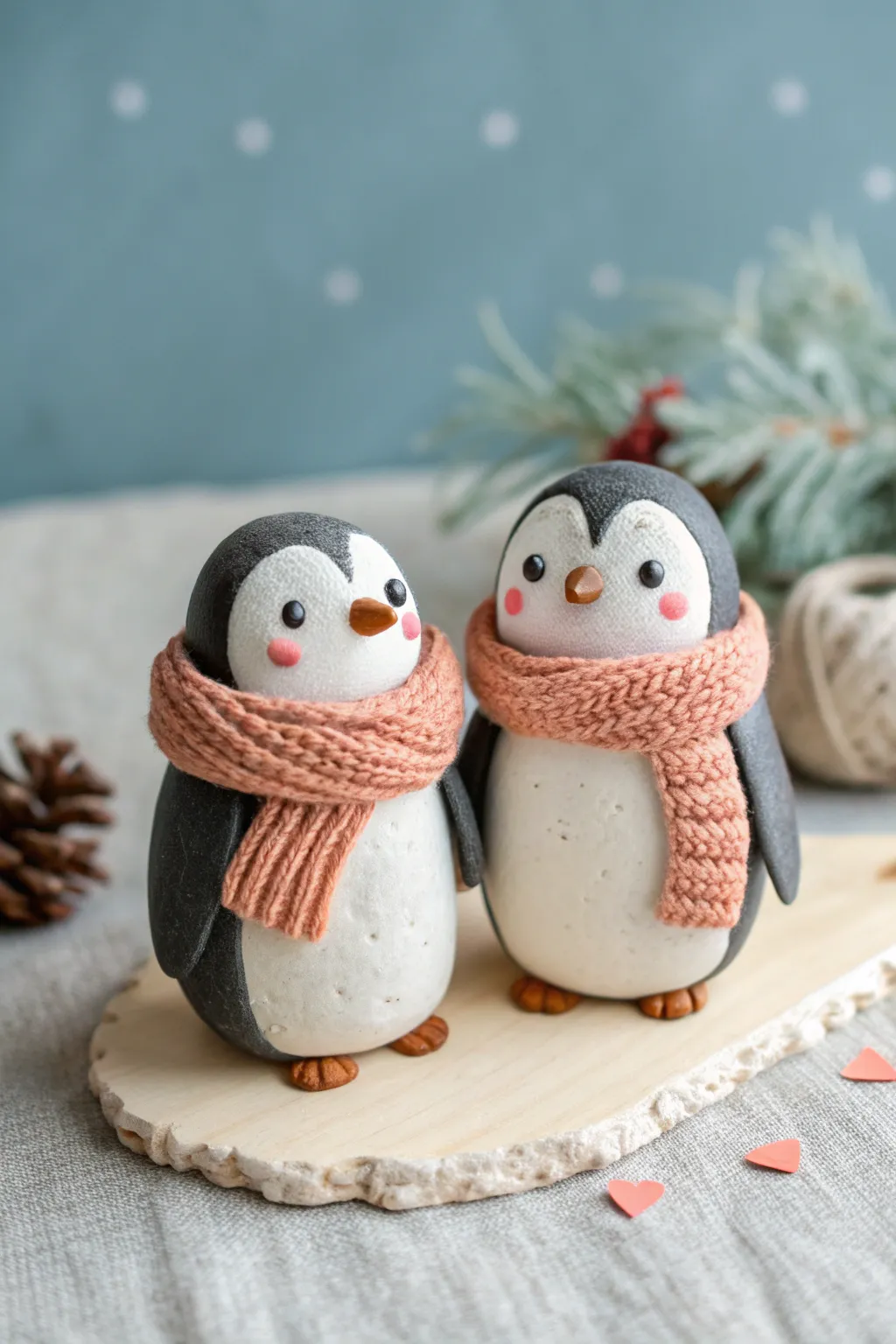 Two cozy scarf penguins in soft matte clay, minimalist winter vibes with warm boho charm