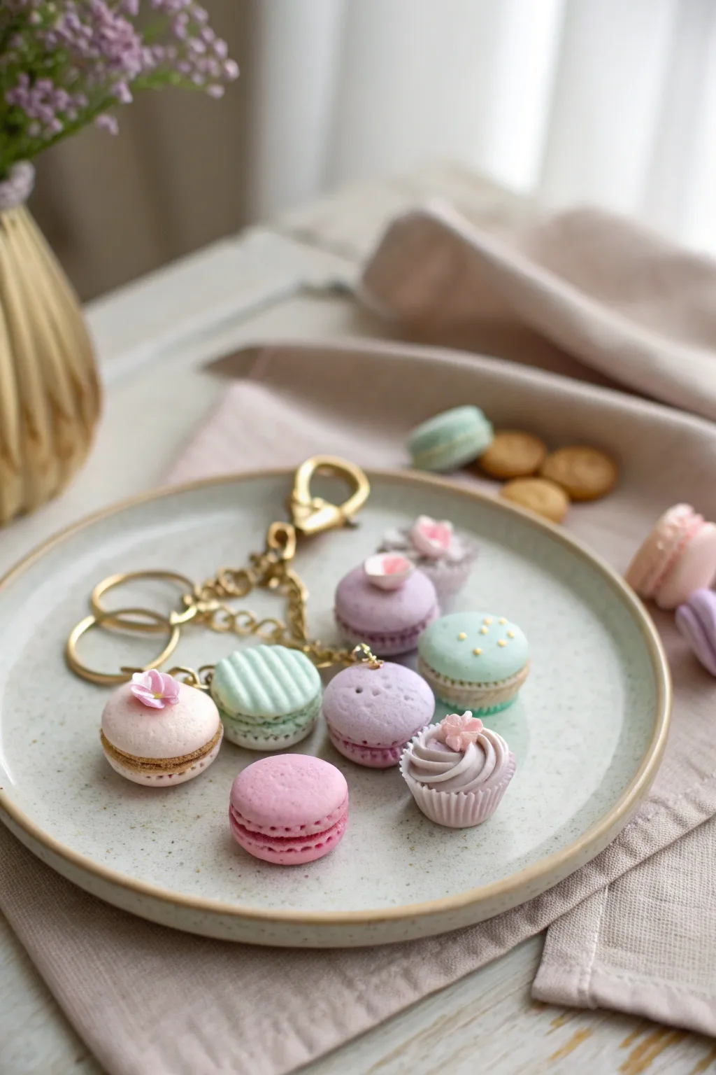 Pastel macaron and cookie clay charms on a minimal plate, sweet, simple, and handmade.