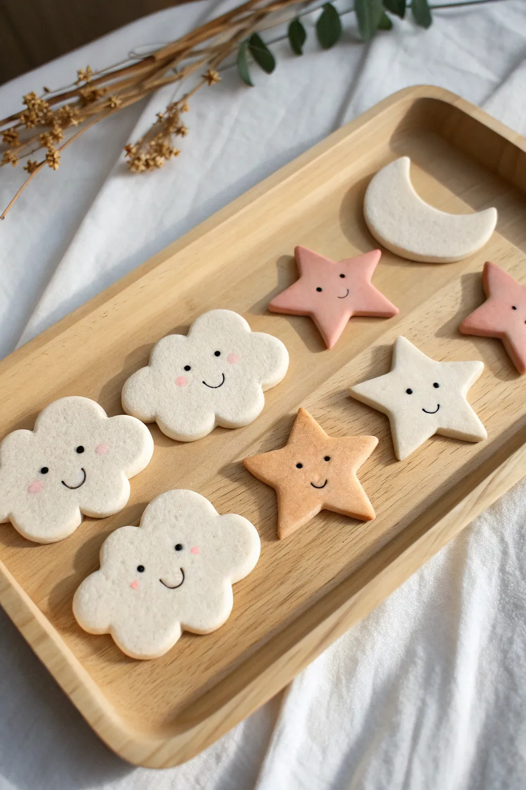Adorable cloud and star clay magnets with sweet faces, styled in a minimalist grid.