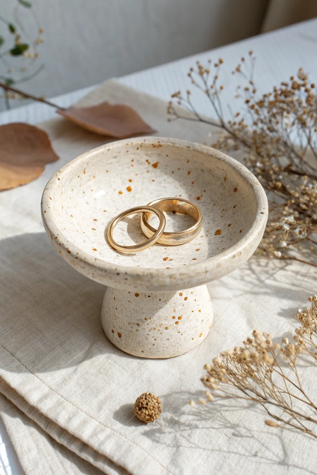 Minimal mushroom cap ring dish in speckled clay with subtle dots, cozy and functional.