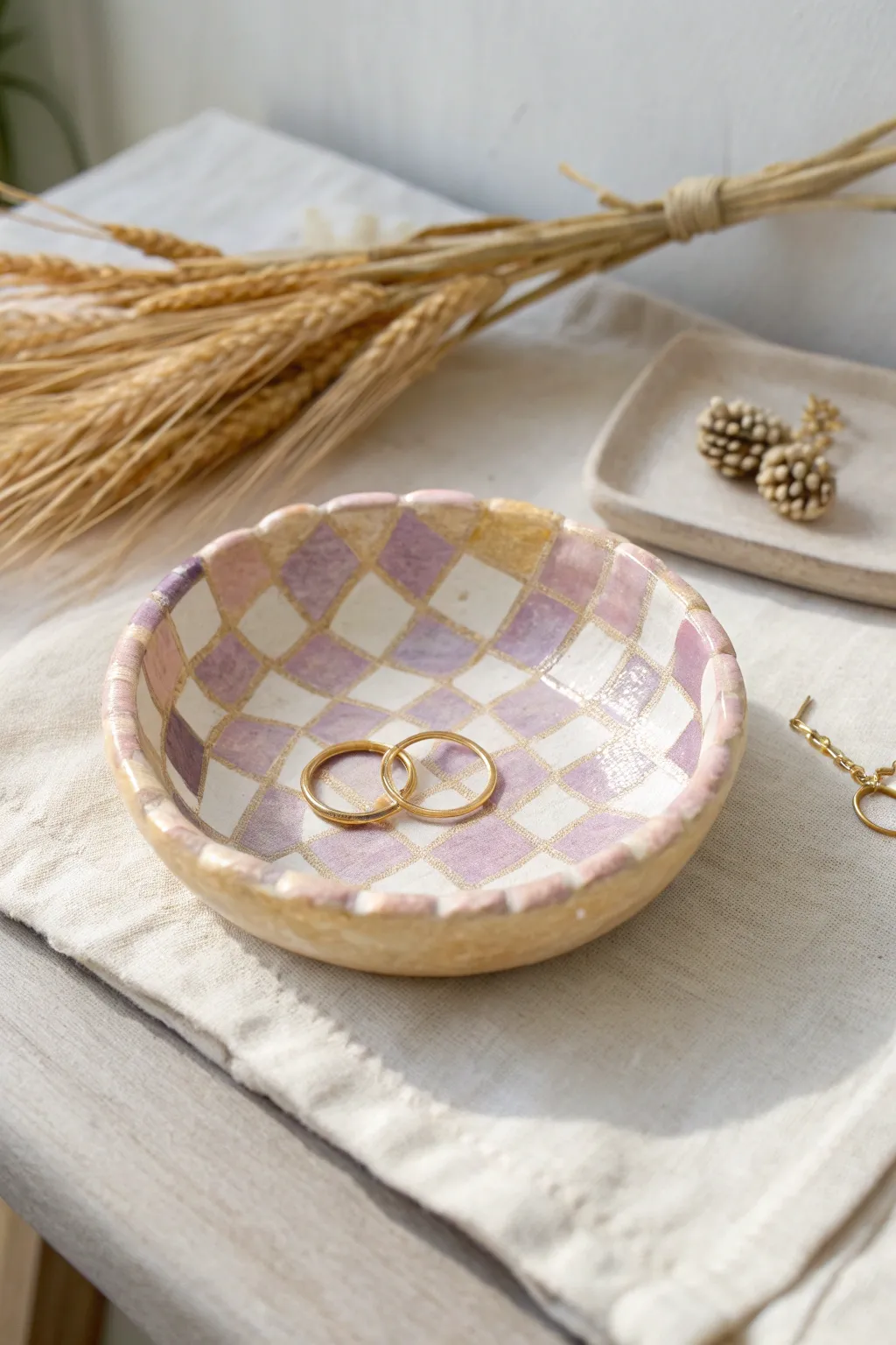 Pastel checkerboard clay dish with wavy rim, holding rings and a charm bracelet in soft light