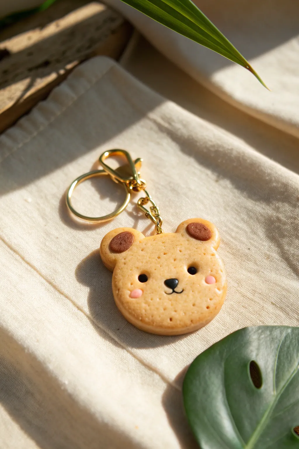 Sleepy biscuit bear charm keychain in warm tan clay, minimalist and cozy with a baked look