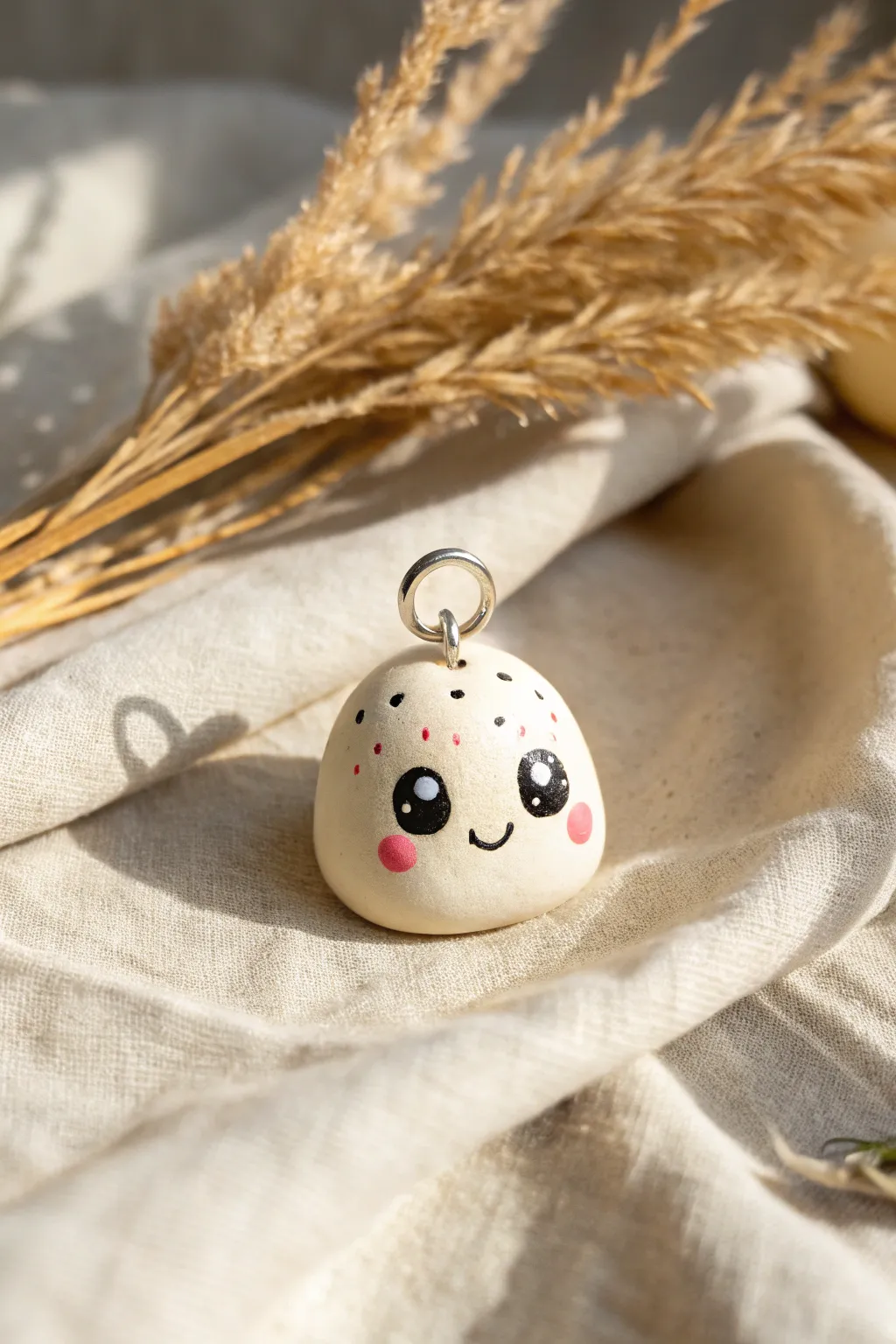 Tiny tongue-out clay monster face with rosy cheeks on a calm neutral backdrop