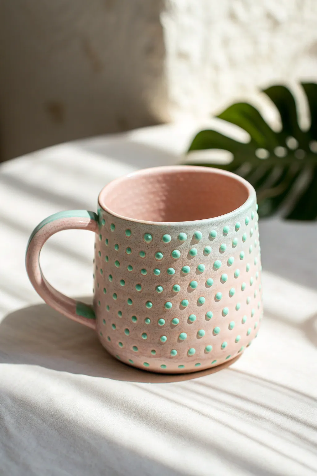 Sweet pastel polka dot mug with raised texture, minimalist styling that feels handmade.