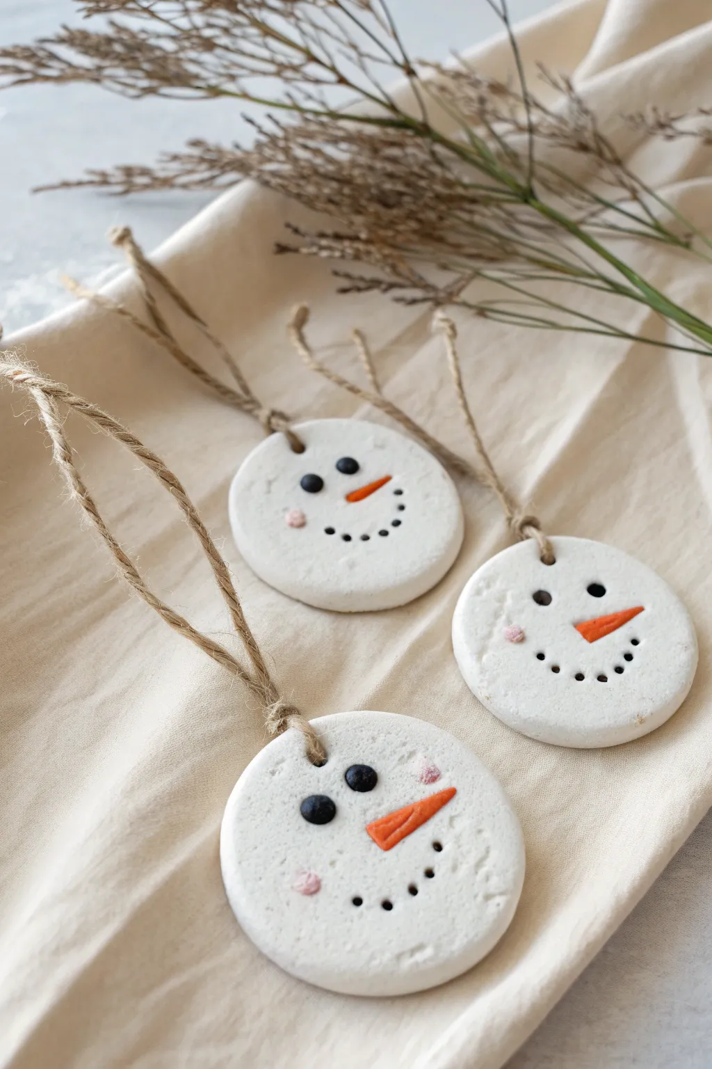 Sweet snowman face clay ornaments in clean Scandinavian style with warm boho touches