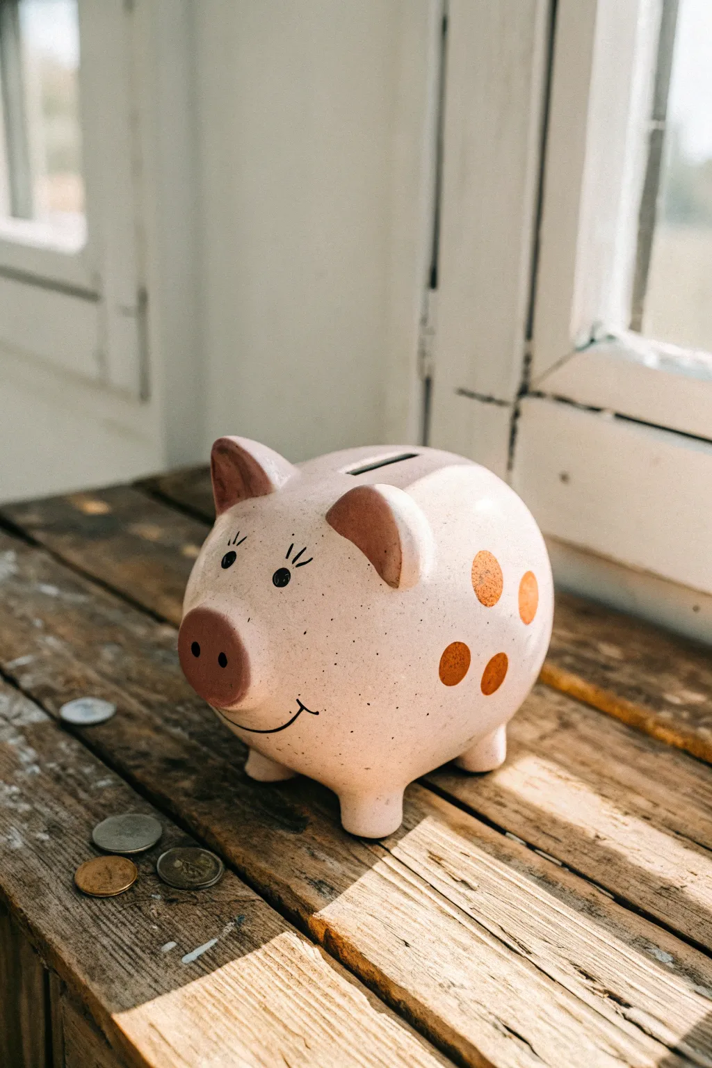 Mud-splashed clay piggy bank on rustic wood, minimalist farm vibe with sweet handmade charm
