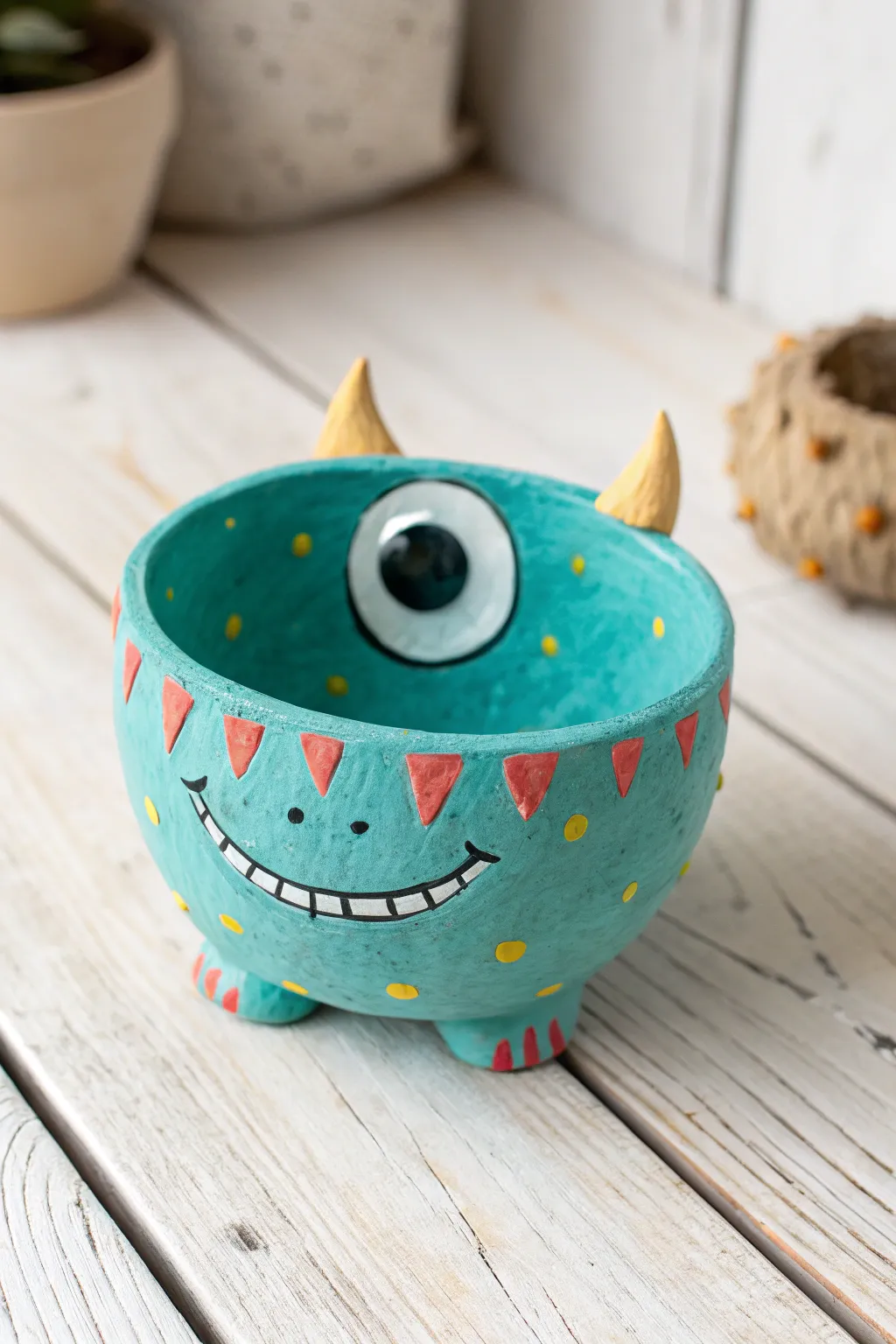 Make a friendly monster pinch pot: bold colors, big eye, and tiny horns for playful charm.