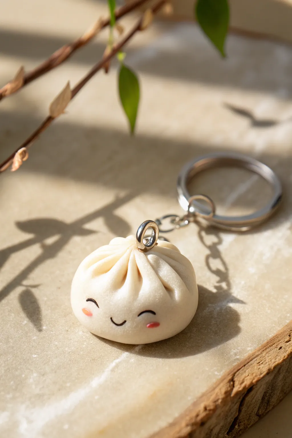 Mini dumpling clay charm with sweet smile and pleated edges, styled on soft neutral linen