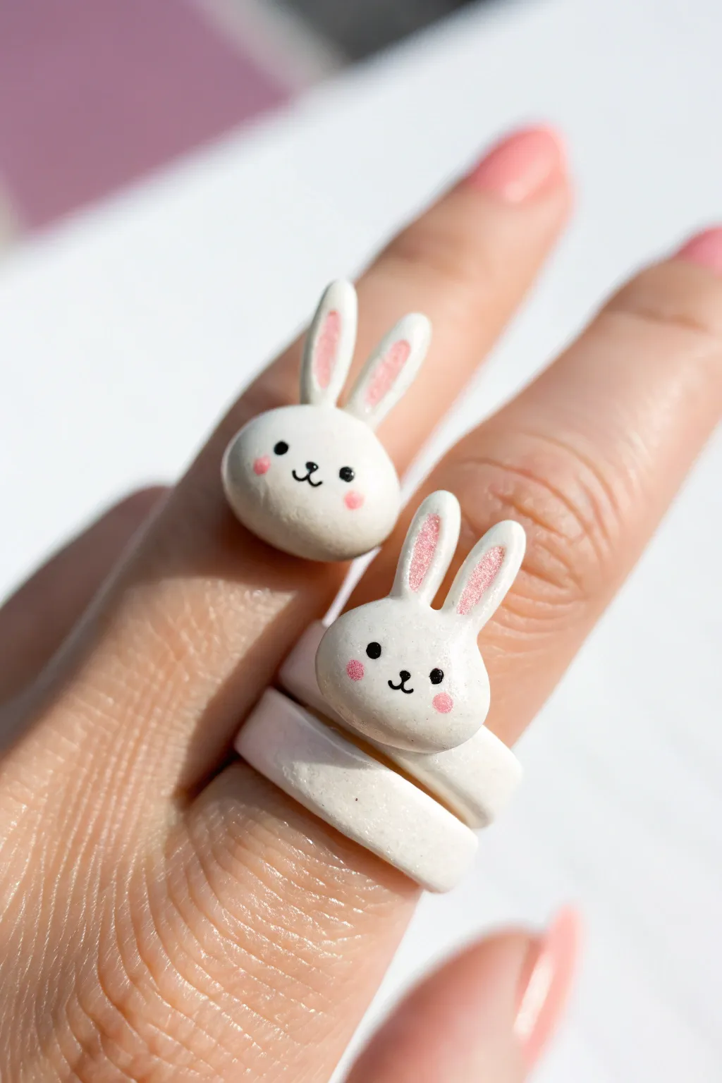 Stacked bunny ears peekaboo clay rings in soft white with blush cheeks, sweet and minimalist