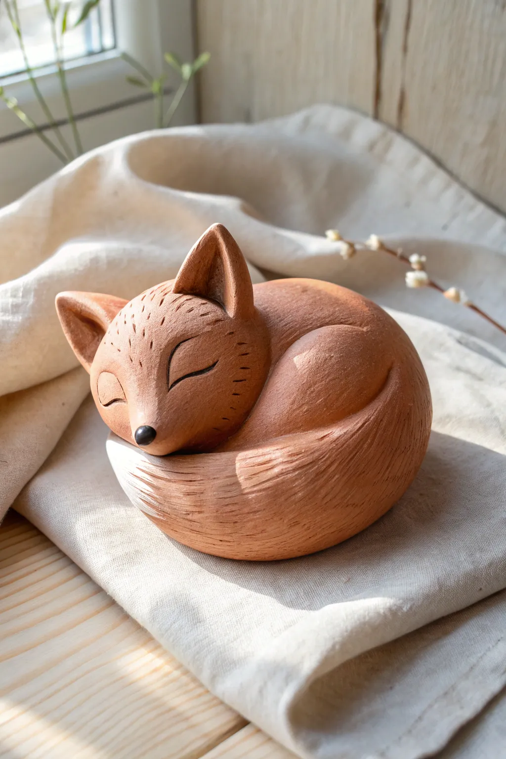 Sleepy curled fox clay sculpture with soft matte texture and calm minimalist boho styling