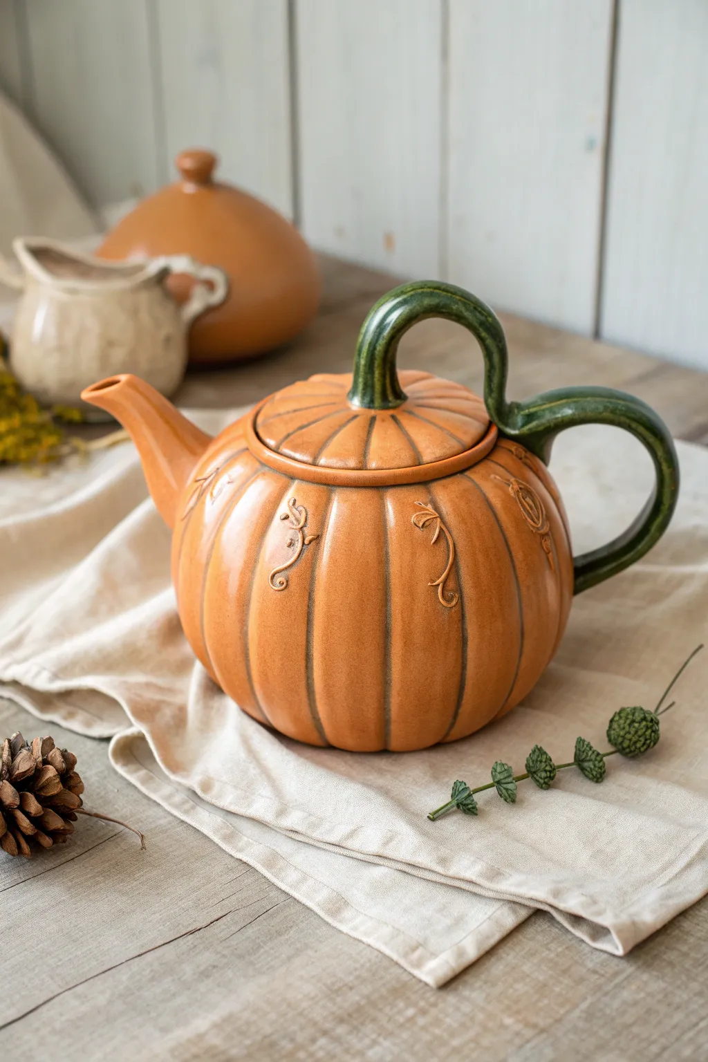 Sweet pumpkin teapot with a curling stem lid, warm matte glaze, and cozy minimalist charm