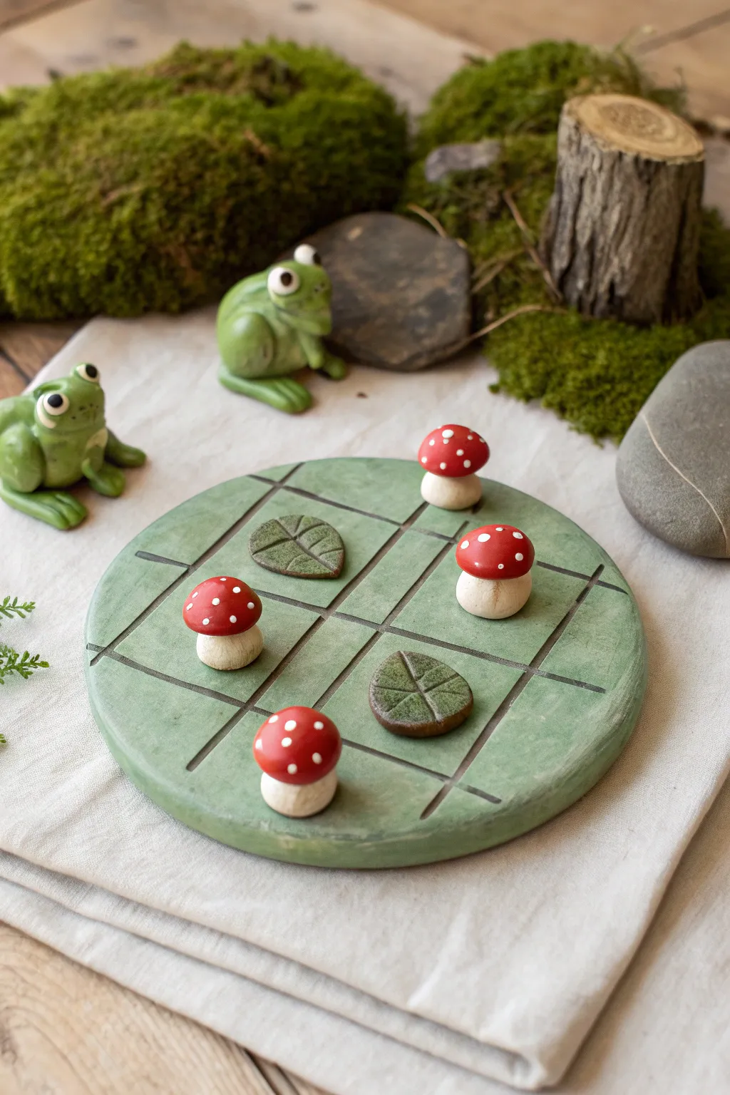 Cute lily pad tic tac toe set with frog and mushroom pieces in a cozy minimal garden scene